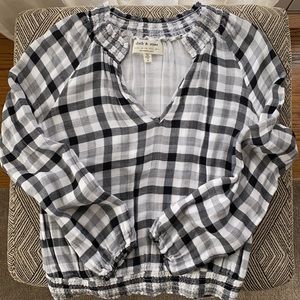 Cloth & Stone Top Black White Plaid V Neck Long Sleeves Size Small